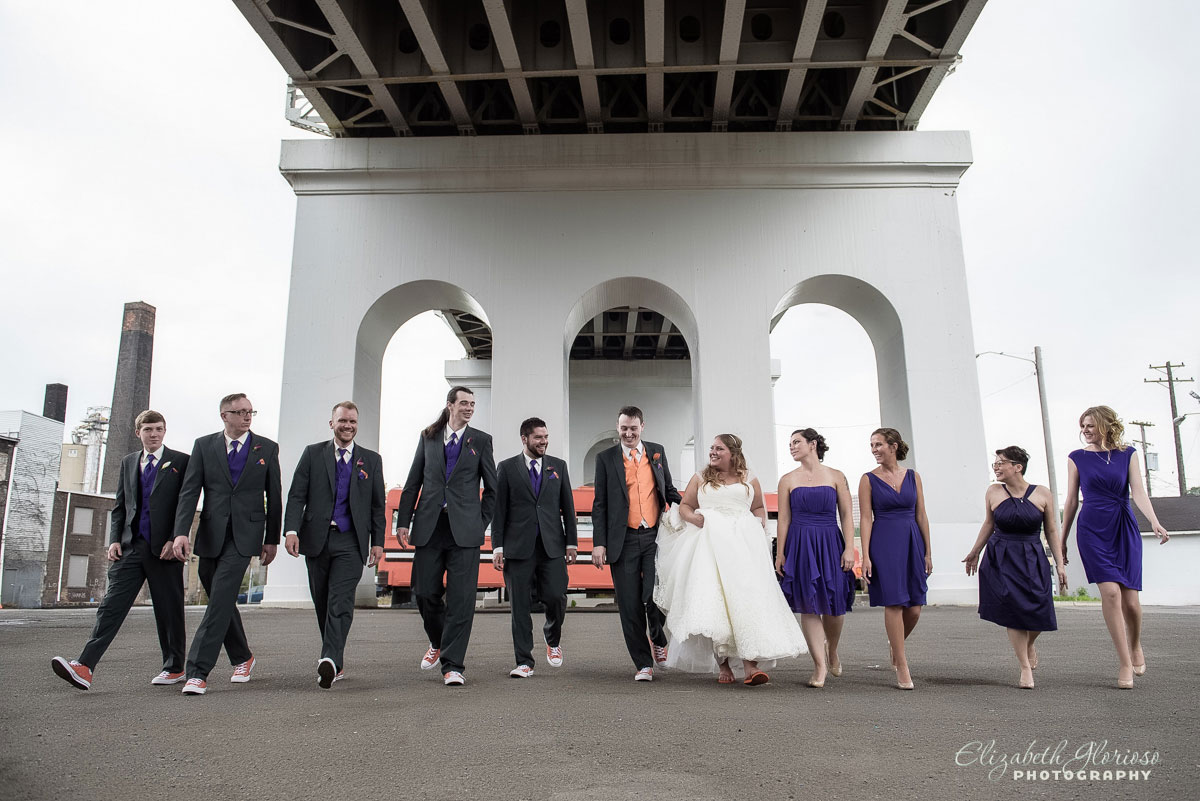 Wedding party portrait shot at the West Bank of the Flats in Cleveland